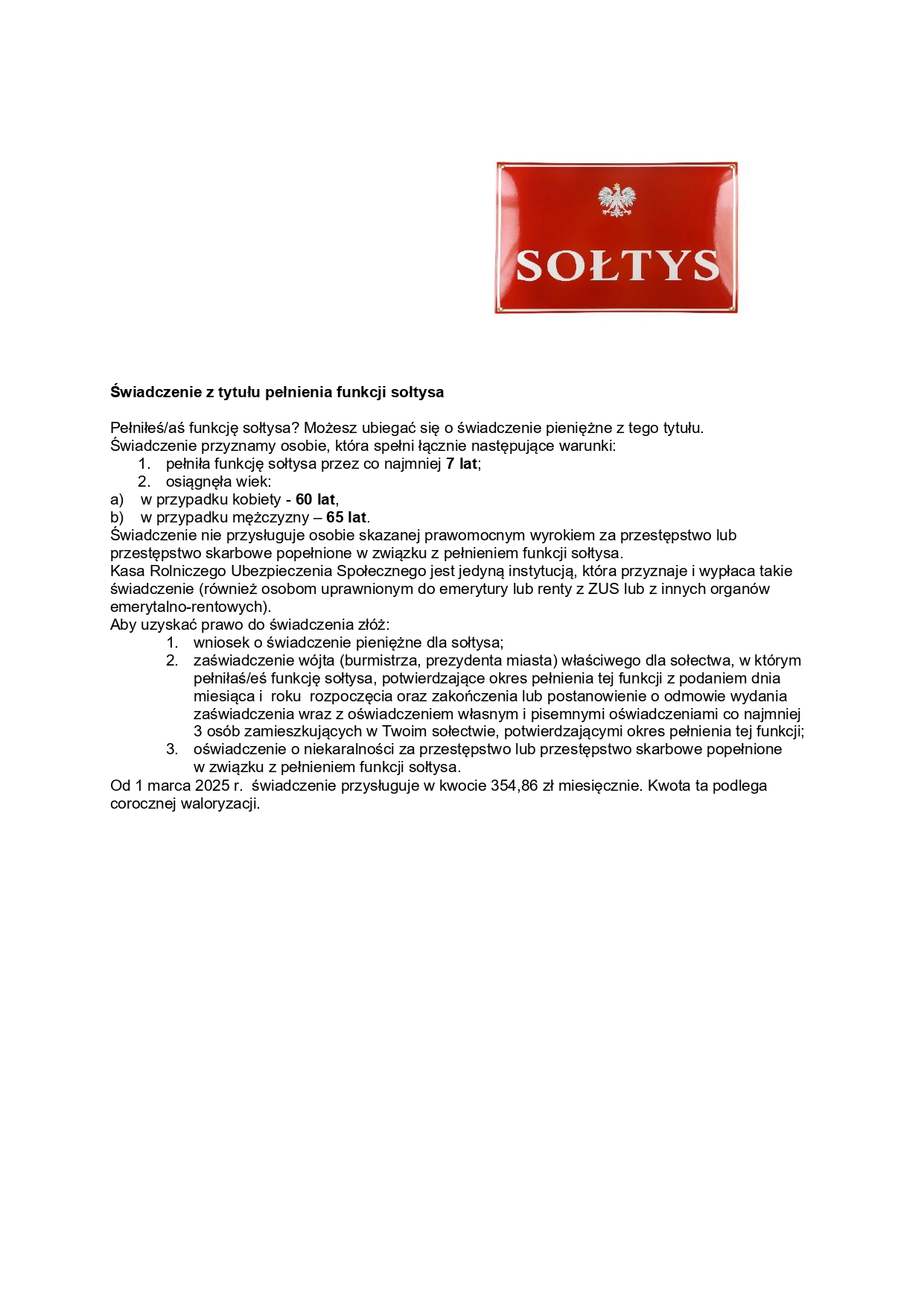 Informacja - świadczenie z tytułu pełnienia funkcji sołtysa